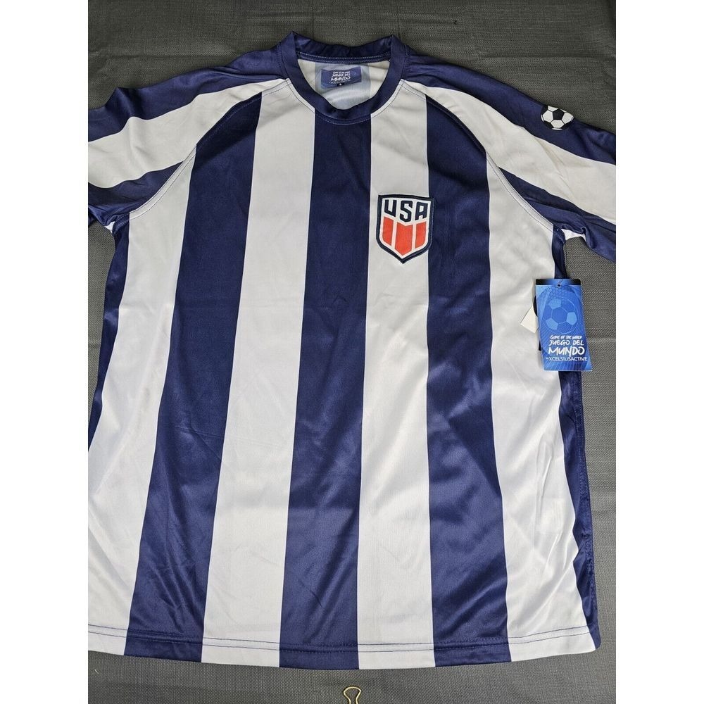 Juego Del Mundo USA Soccer Jersey Mens Medium Navy White Striped Short NWT